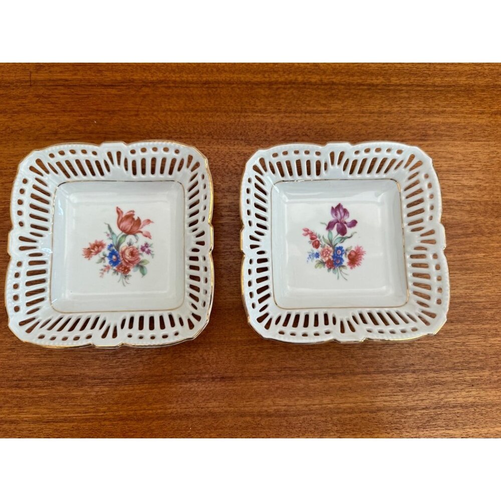 Vintage Schwarzenhammer Bavaria Square Floral Painted Porcelain Dishes Reticulat
